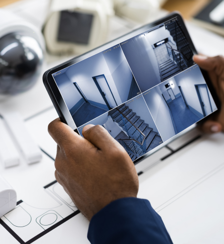 Une personne tenant une tablette affichant des images de caméra de sécurité des couloirs et des cages d'escalier.