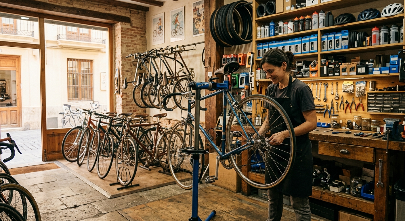 Mecánico de bicicletas reparando una bicicleta en un taller con herramientas y piezas en estantes.