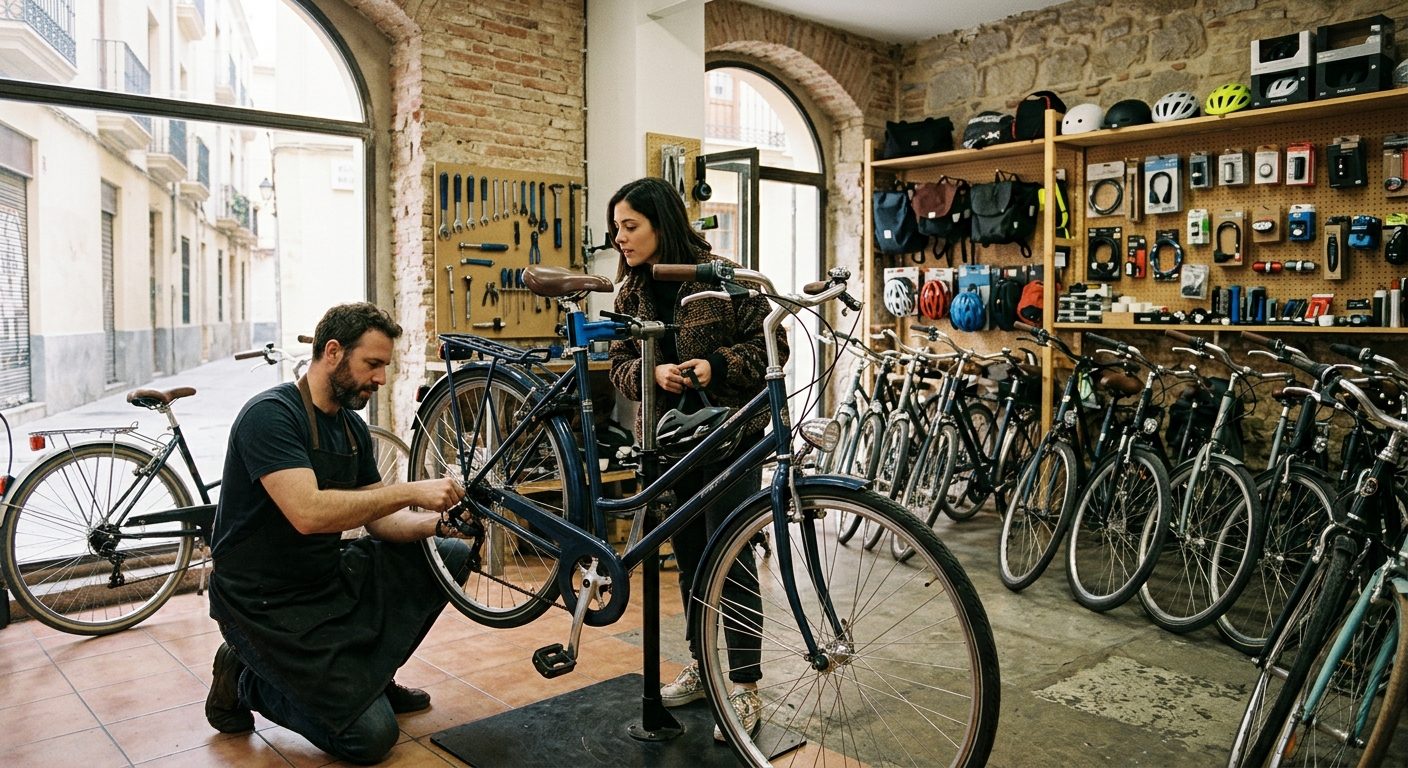 Dos personas reparando una bicicleta en una tienda de bicicletas, con filas de bicicletas y herramientas en la pared.