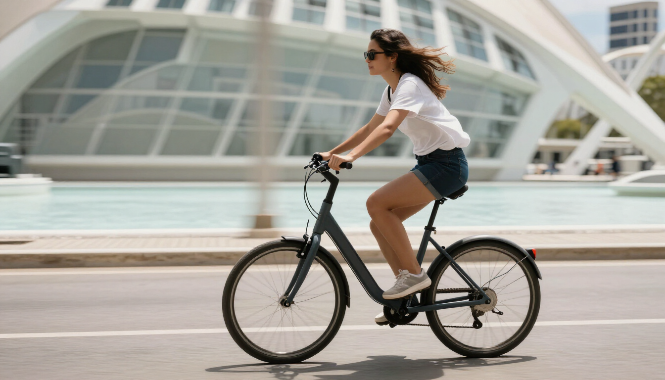 Una mujer monta en bicicleta negra junto a un edificio moderno con arcos blancos y paneles de vidrio.