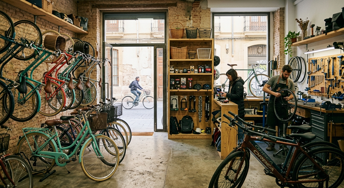Interior de una tienda de bicicletas con varias bicicletas, estanterías y gente reparando bicicletas cerca del escaparate.