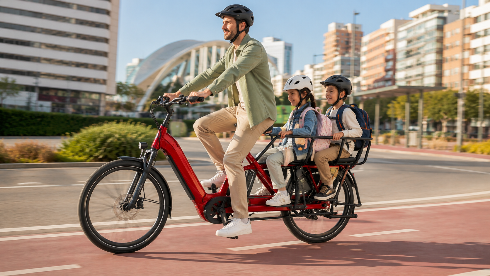 Familia montando una bicicleta de carga roja por una calle de la ciudad, con edificios al fondo.