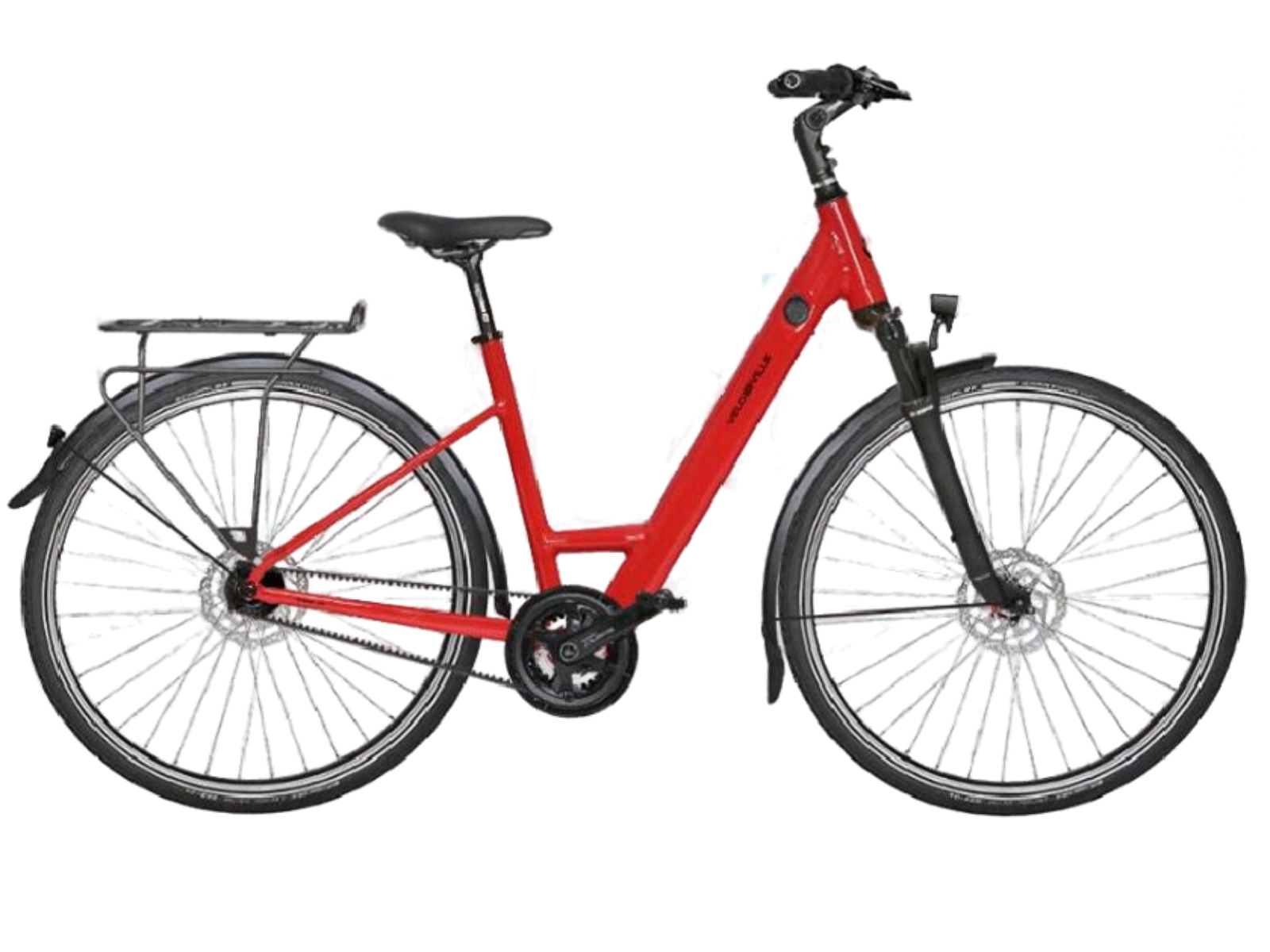 Bicicleta urbana roja de cuadro bajo con guardabarros, portaequipajes y y motor Bosch trasero con transmision de correa
