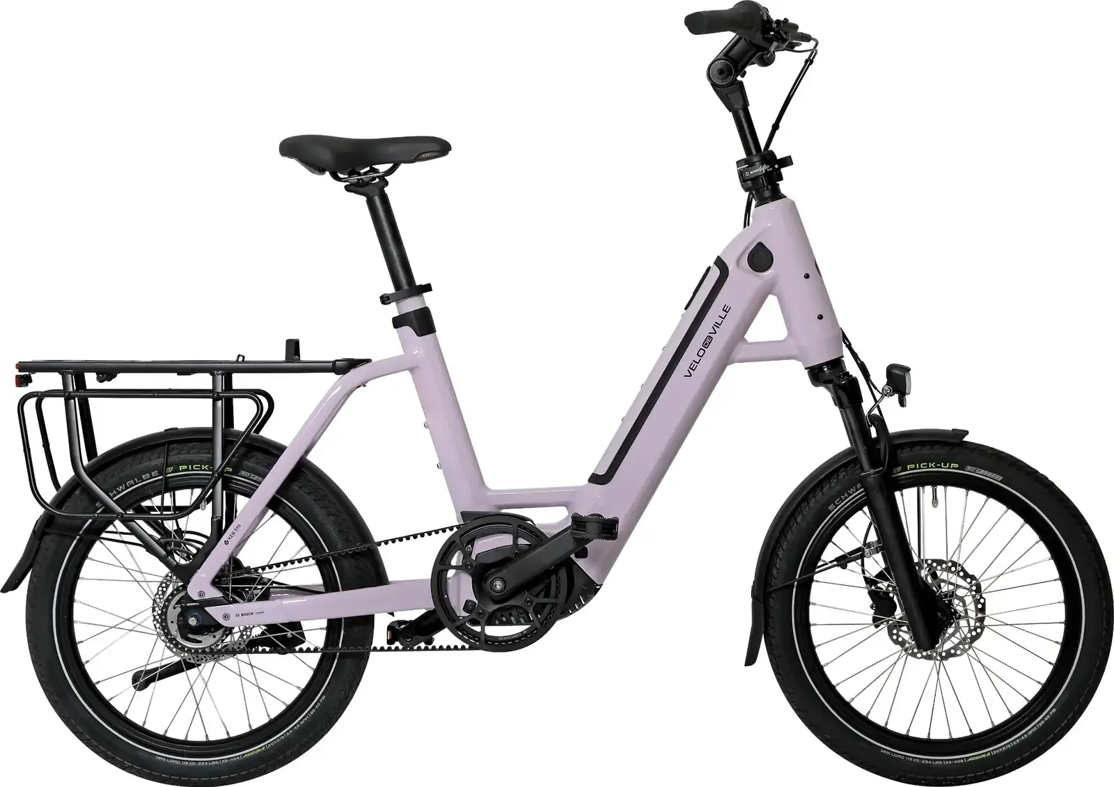 Bicicleta de carga eléctrica de color lavanda con cuadro bajo, portaequipajes trasero y neumáticos negros sobre fondo blanco.