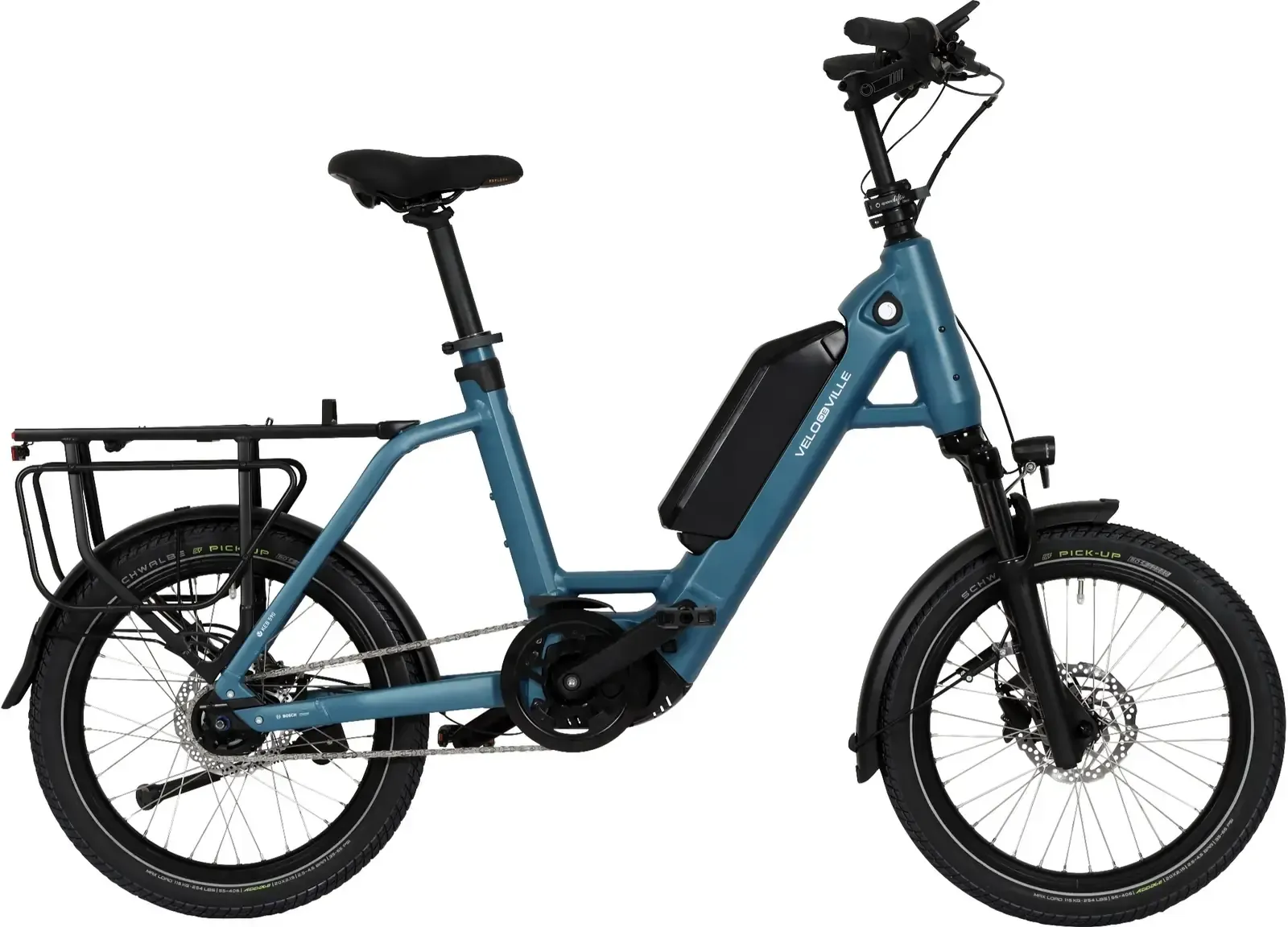 Bicicleta de carga eléctrica azul con portaequipajes trasero y neumáticos anchos sobre un fondo blanco.