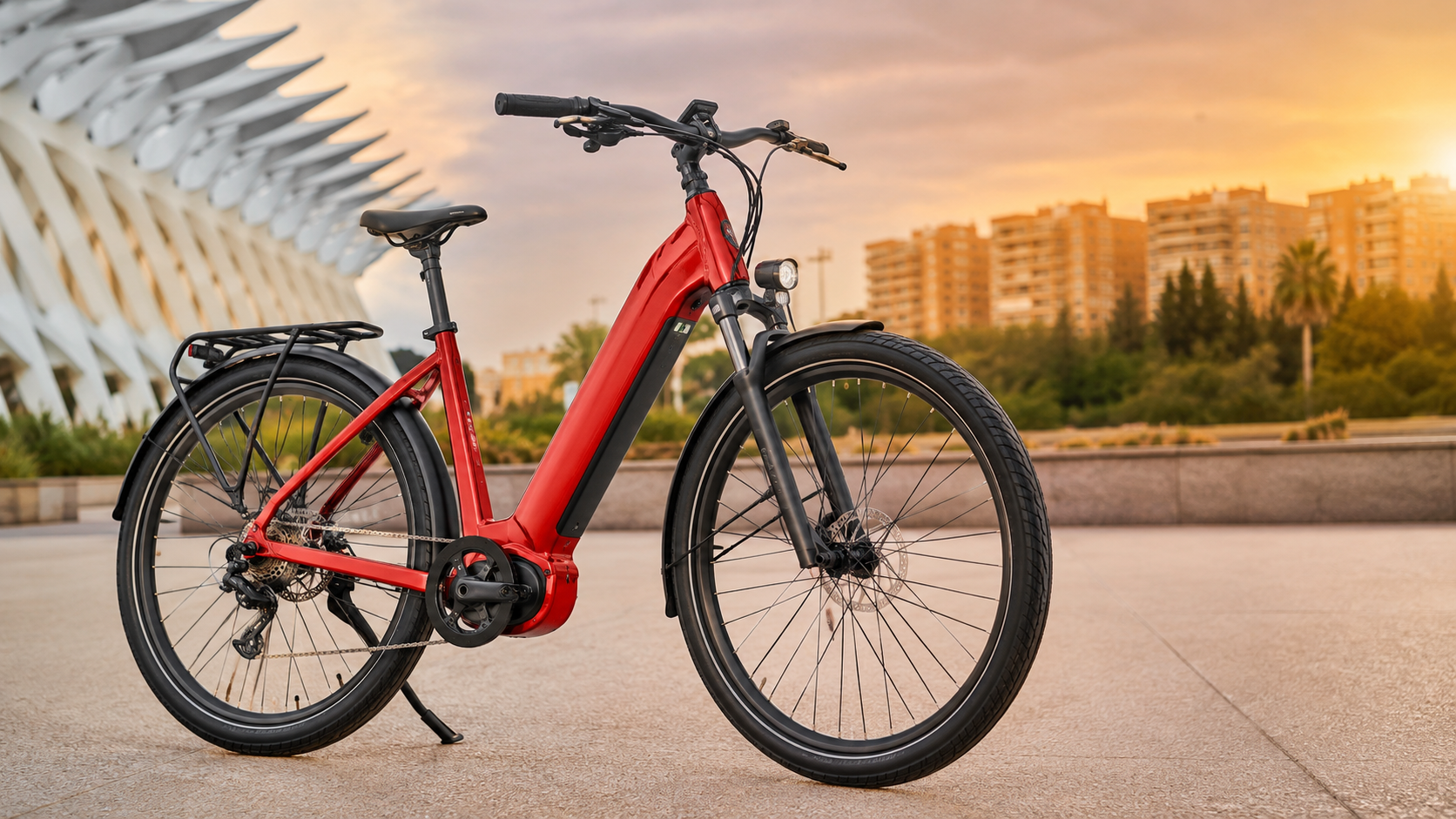 Bicicleta eléctrica roja en una plaza con un edificio moderno de Valencia al fondo.