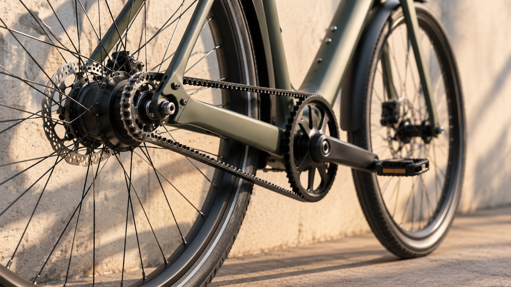 Close-up of a tan bicycle’s rear wheel, chain, and pedals on a sunlit pavement.