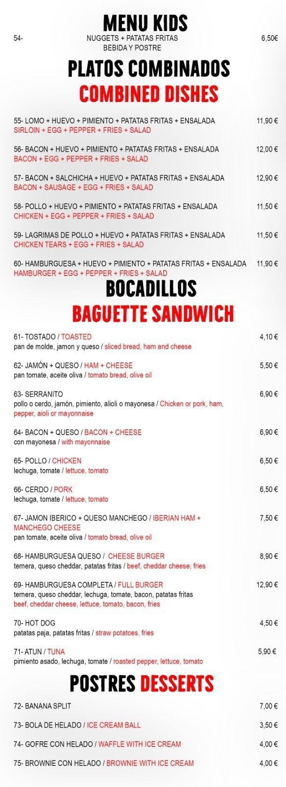 Menú infantil con platos combinados, sándwiches baguette y postres en texto rojo y negro sobre fondo blanco.