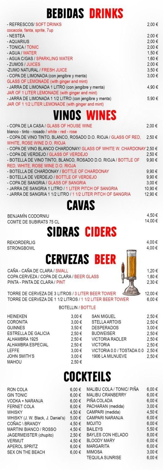 Menú con opciones de bebidas, incluyendo cervezas, vinos y cócteles.