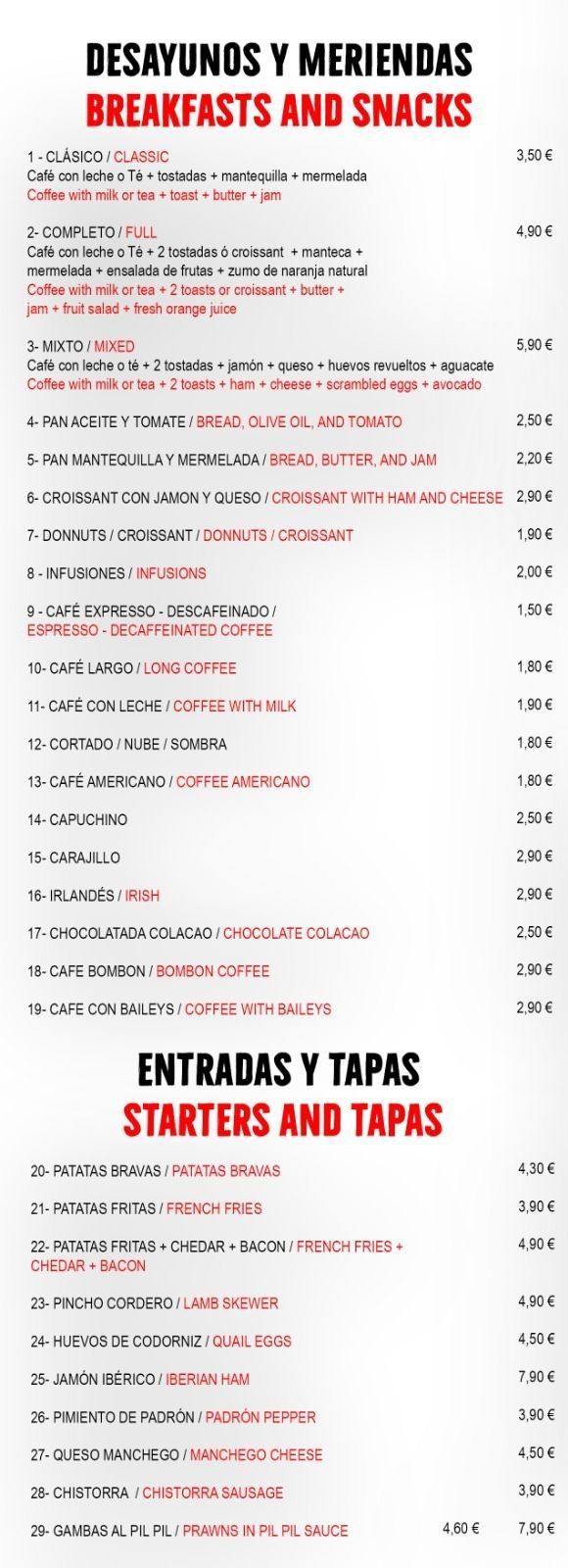 Carta con desayunos, aperitivos, entrantes y tapas, en español e inglés, sobre fondo blanco.