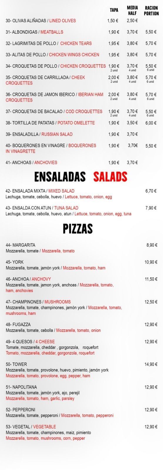 Menú con categorías de platos: ensaladas y pizzas. Incluye precios junto a cada plato.