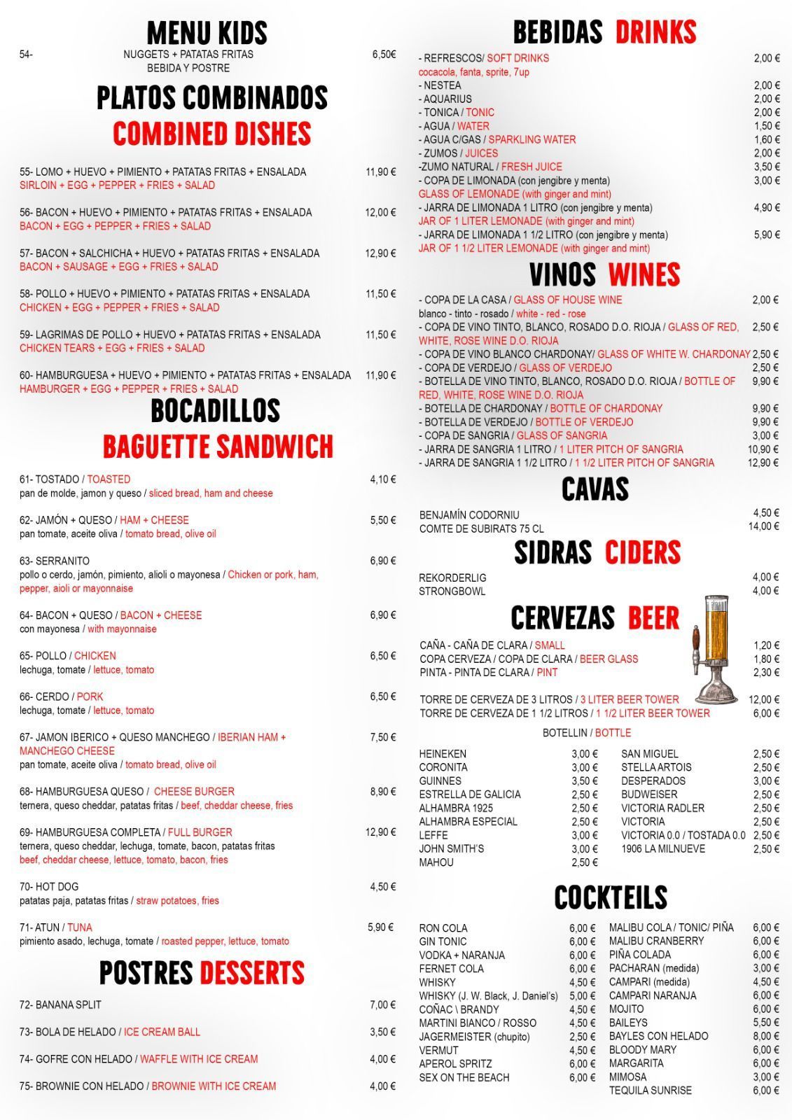 Carta con categorías de menús infantiles, platos combinados, bebidas, vinos, baguettes, postres, sidras, cervezas y cócteles.