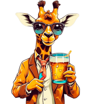 Jirafa con traje y gafas de sol sosteniendo un vaso de cerveza con una pajita.
