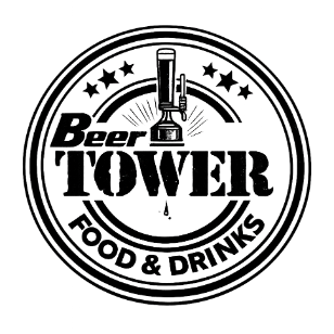 Logotipo de Beer Tower: Diseño circular en blanco y negro. Incluye grifo de cerveza, texto y estrellas.
