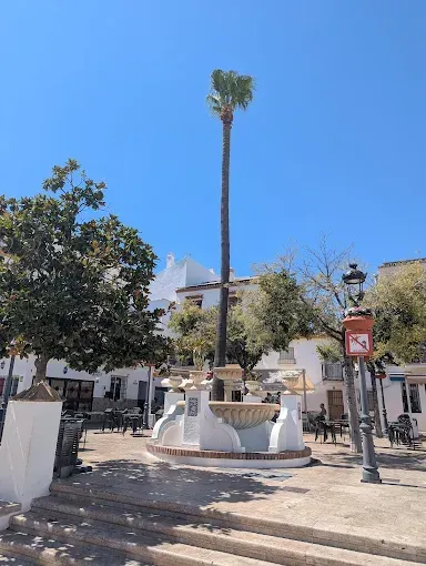 Una fuente con una palmera alta en una plaza rodeada de edificios blancos bajo un cielo azul.