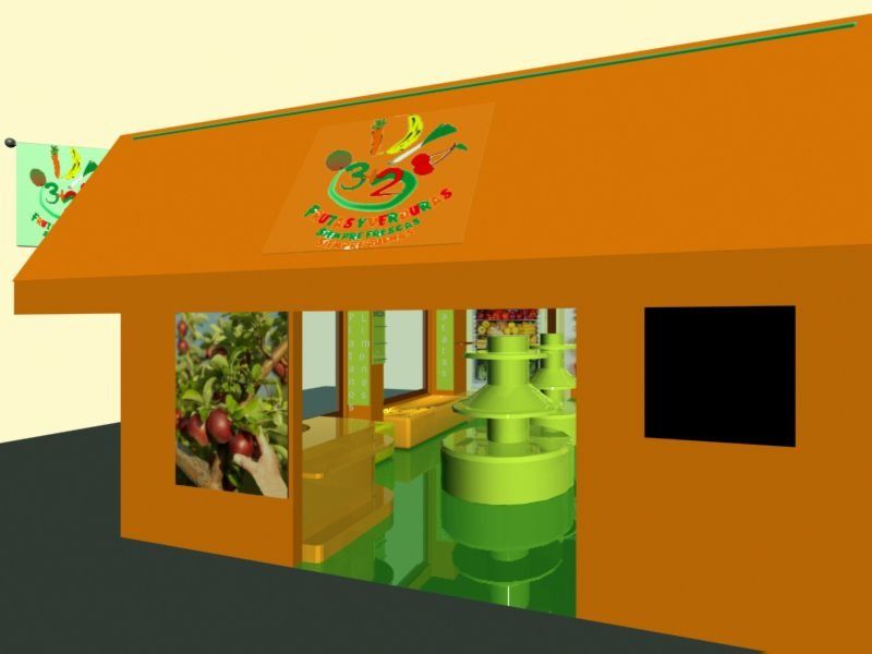 Un modelo 3D de una tienda de frutas y verduras.