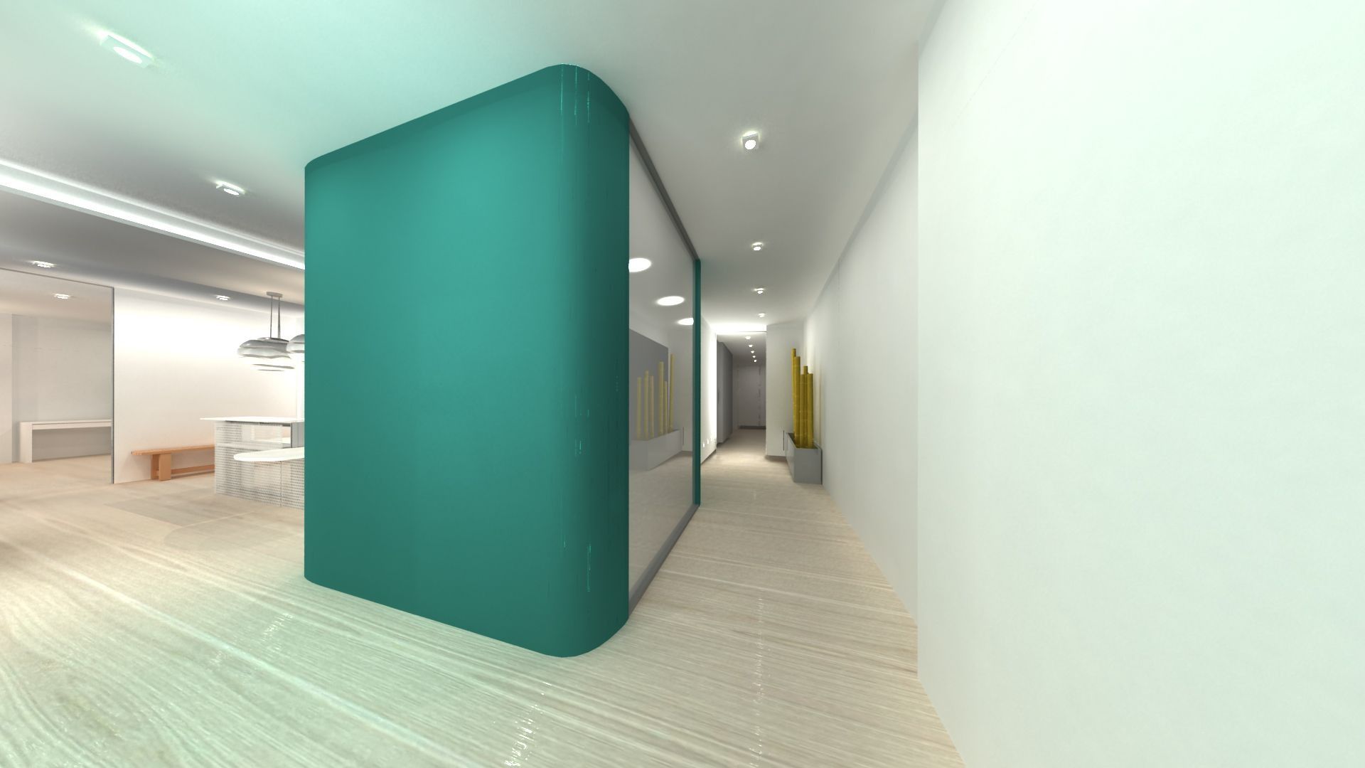 Un pasillo con una pared verde y una pared blanca.