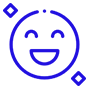 Un dibujo de línea azul de una cara sonriente con dos cuadrados a su alrededor.