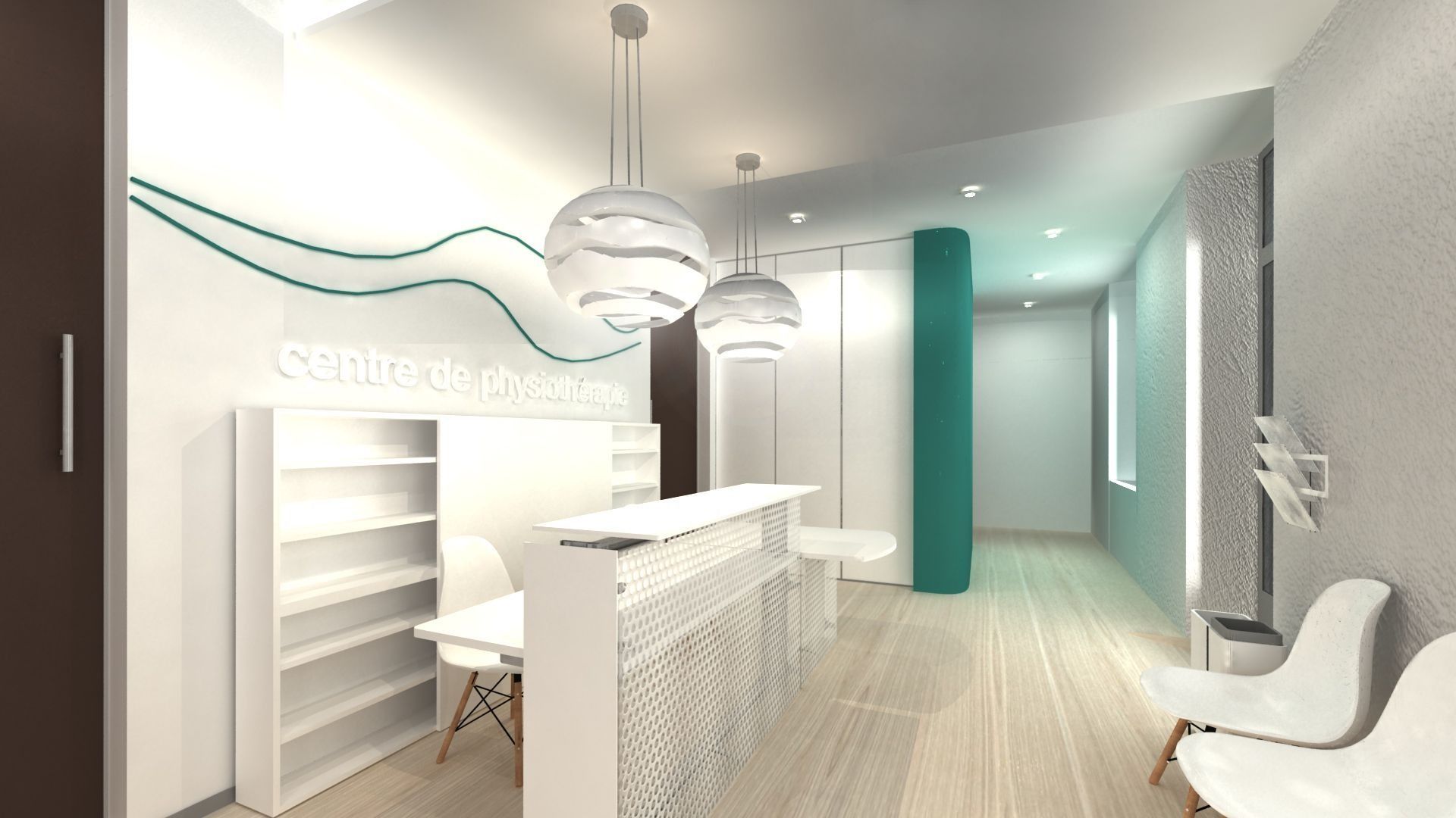 Una representación de un consultorio dental con un mostrador de recepción y sillas.