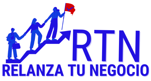 A blue logo for rtn relanza tu negocio