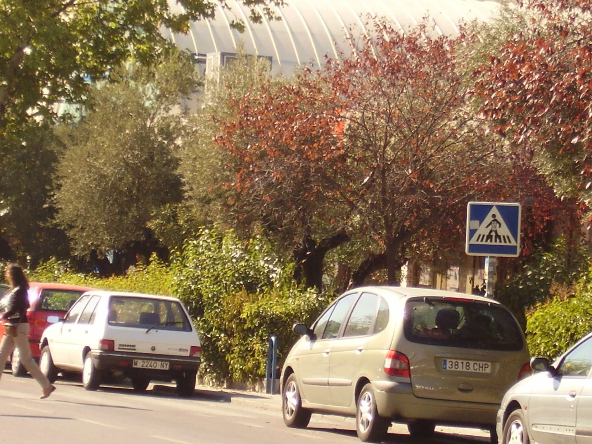 Coches estacionados al costado de la carretera con una señal de cruce de peatones al fondo