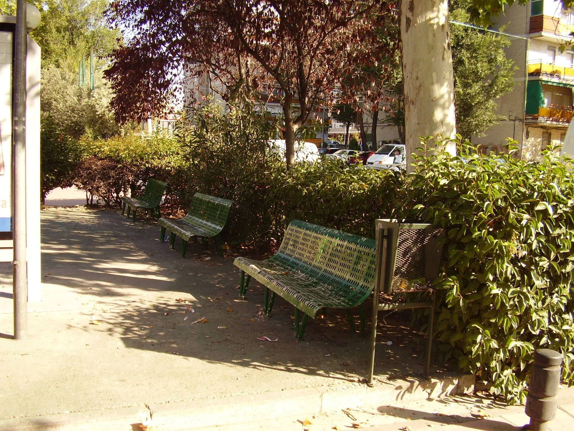 Una fila de bancos verdes en un parque con árboles al fondo.