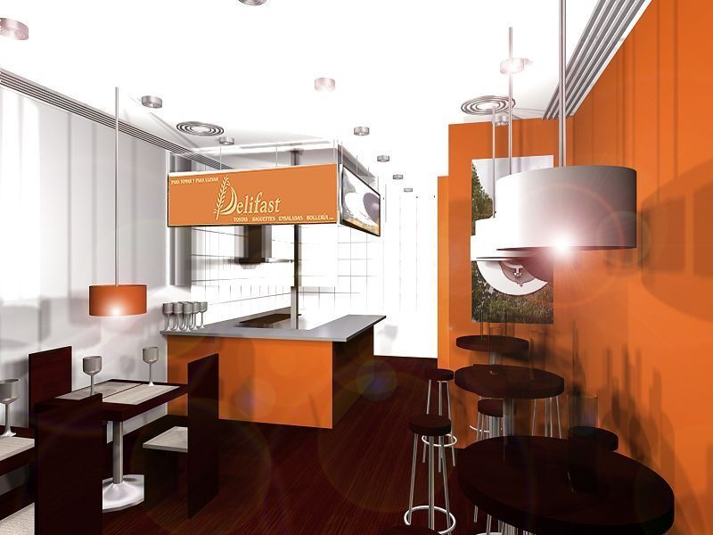 Una imagen generada por computadora de un restaurante con paredes naranjas.