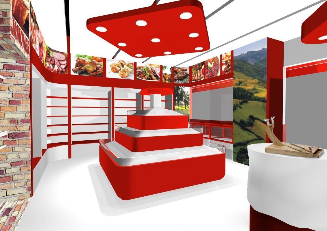 Una representación 3D de una tienda con escaparates rojos y blancos.