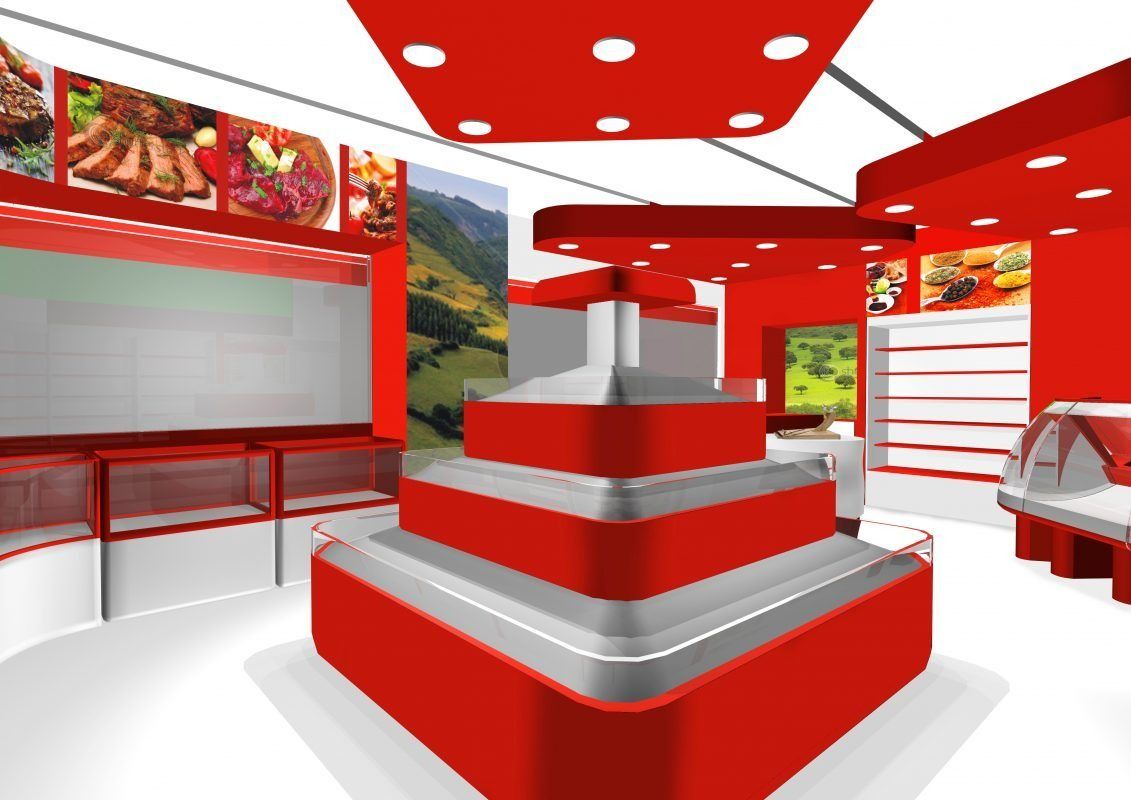 Una representación 3D de una tienda de comestibles con exhibidores rojos y blancos.