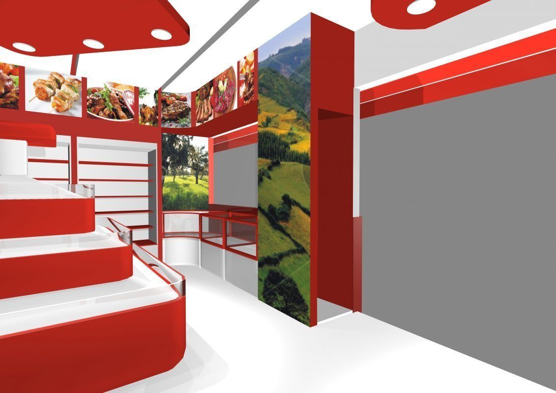 Una representación 3D de una tienda con estantes rojos.