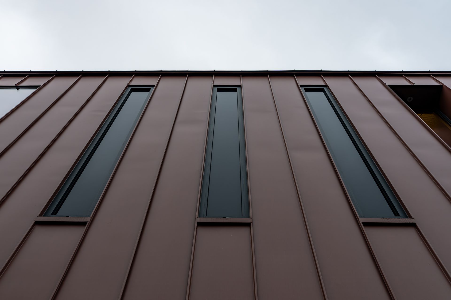 Façade d'immeuble moderne avec panneaux verticaux bruns et fenêtres teintées étroites, vue d'en bas