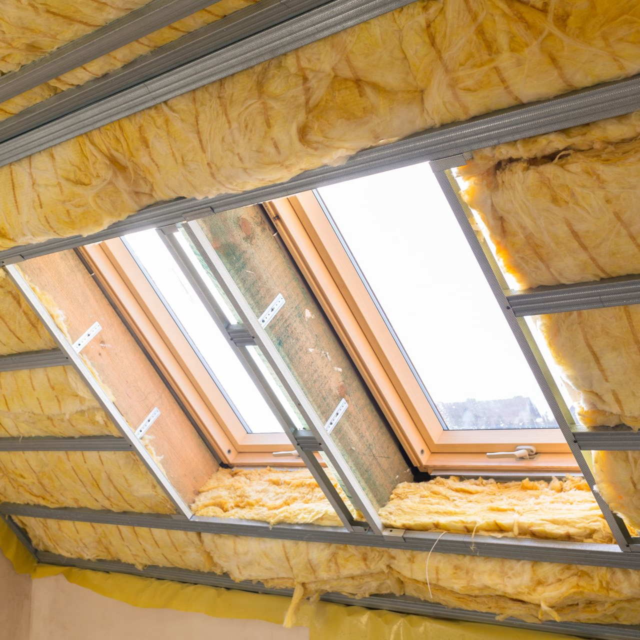Plafond de combles isolé avec trois fenêtres de toit et poutres apparentes en bois