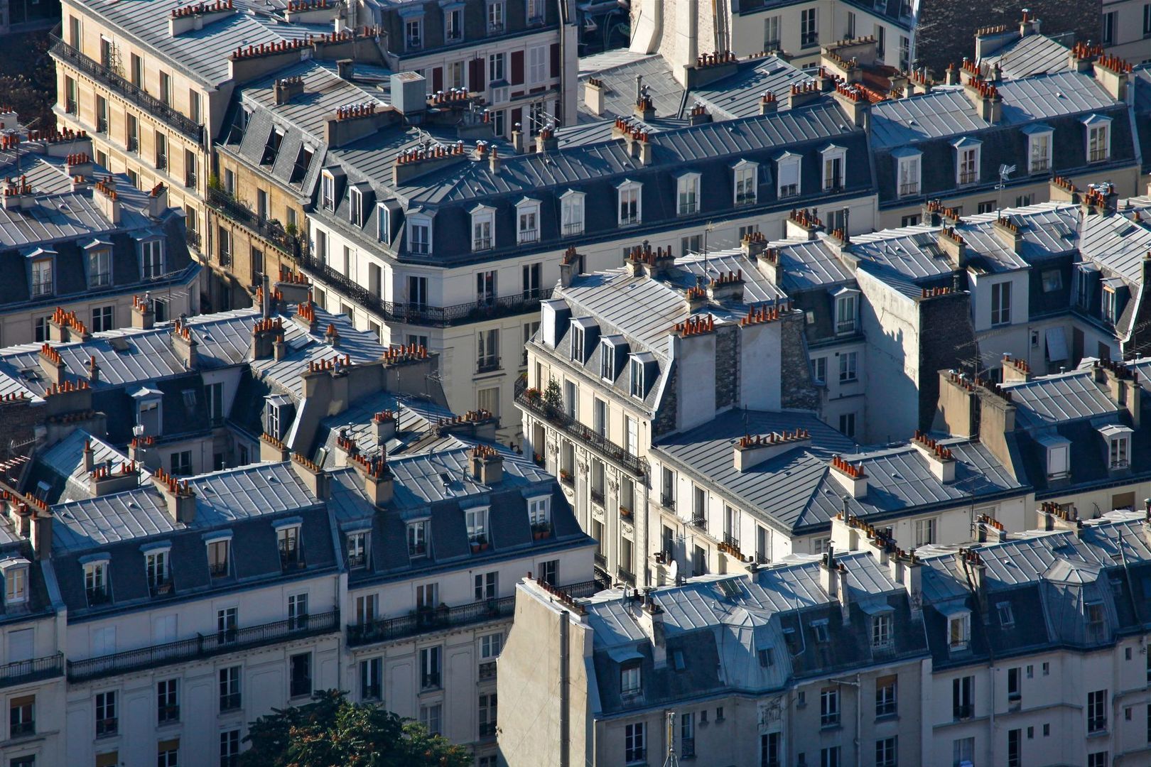 Vue aérienne d'immeubles d'appartements denses de style parisien avec des toits mansardés gris et des façades blanches.