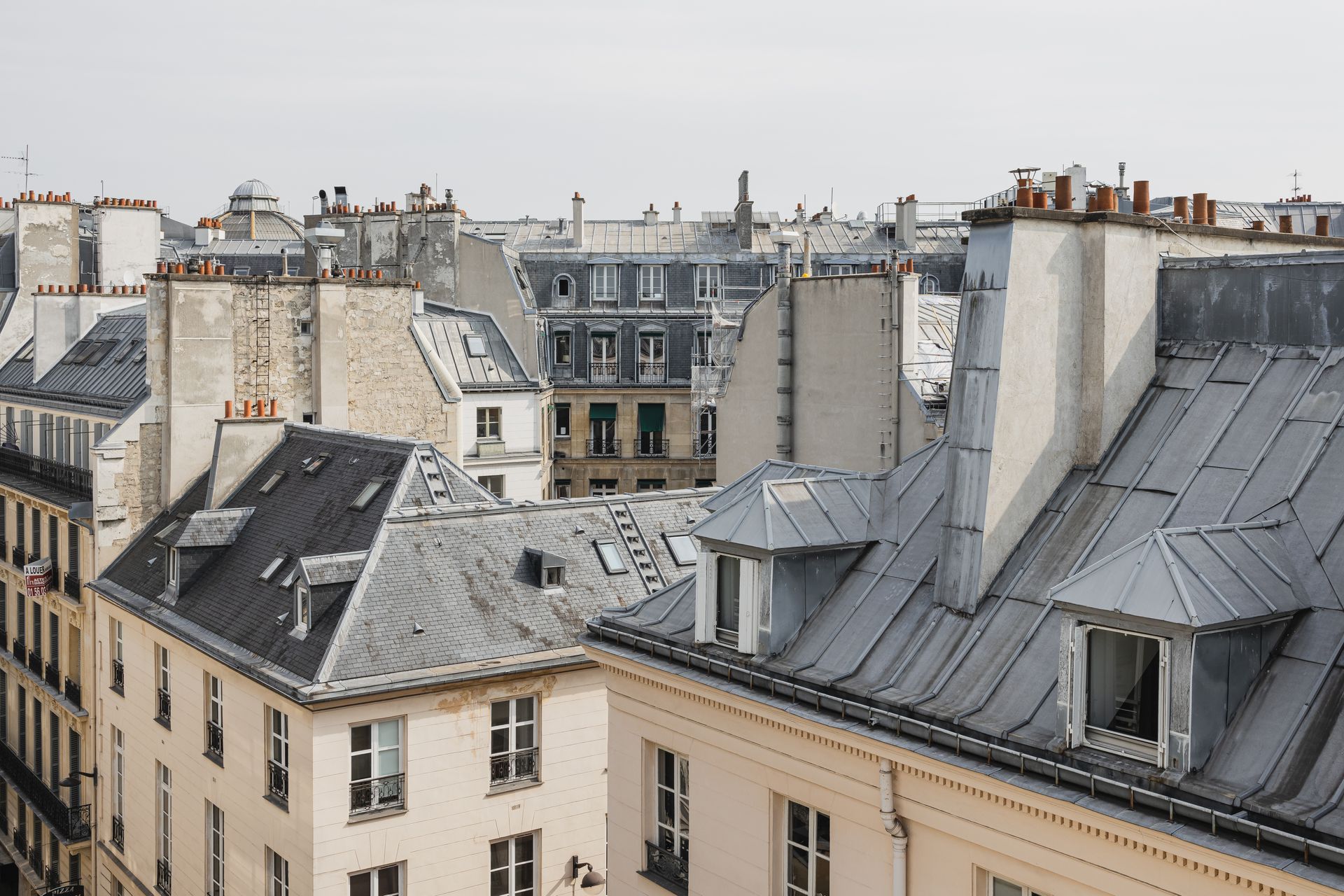 Toits parisiens aux toits d'ardoise grise et immeubles d'appartements couleur crème sous un ciel couvert