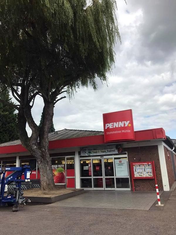 Ein Penny-Laden mit einem Baum davor