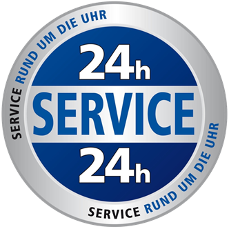 Ein blau-weißes Service-Runde um die Uhr Logo