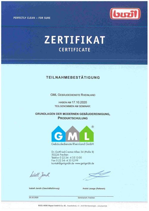 Ein blaues Zertifikat mit der Aufschrift „GML“