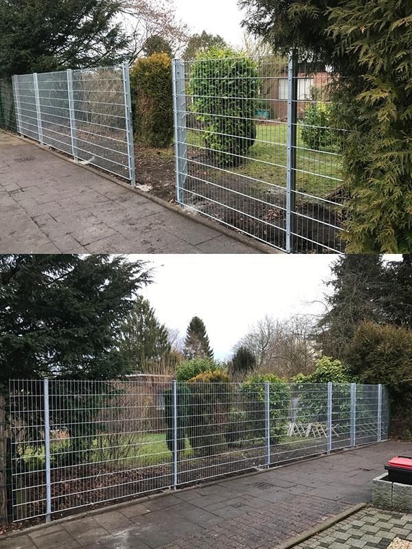 Ein Vorher-Nachher-Bild eines Zauns in einem Park