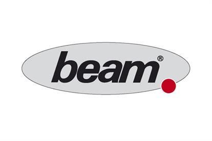 Ein Beam-Logo mit einem roten Punkt auf weißem Hintergrund.