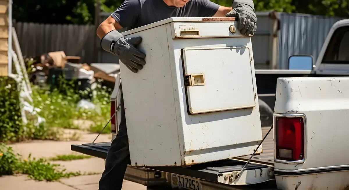 Persona con guantes de trabajo cargando un refrigerador viejo y blanco en la parte trasera de una camioneta blanca.