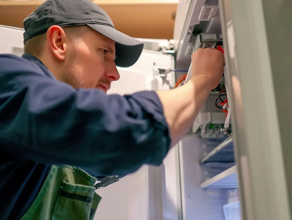 Hombre con gorra y mono reparando el interior del refrigerador, concentrado.