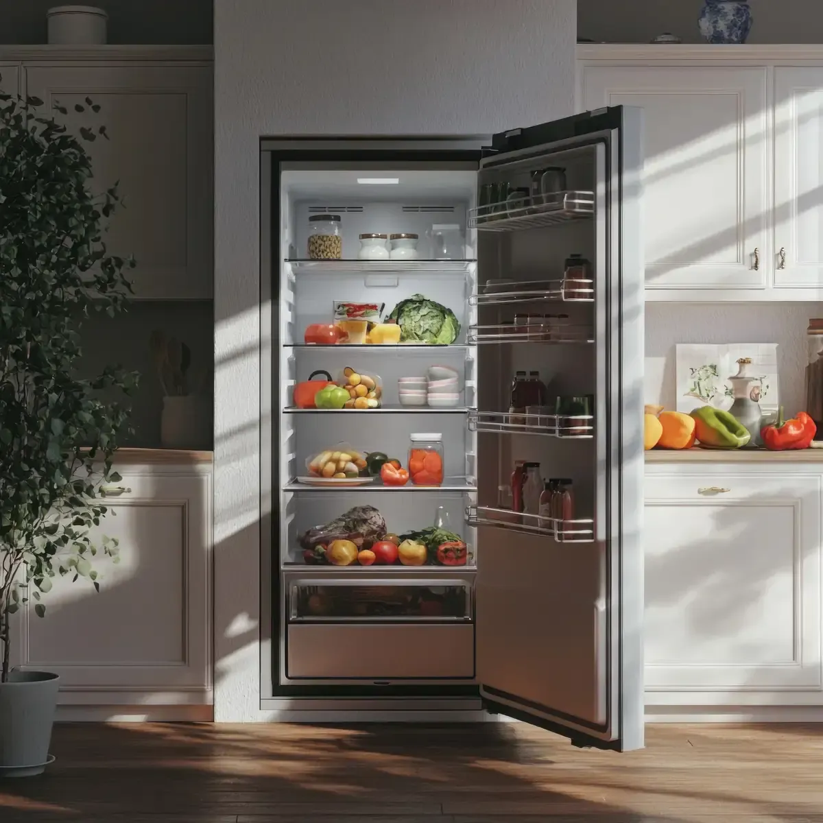 Refrigerador abierto en una cocina lleno de productos frescos, estantes y contenedores.