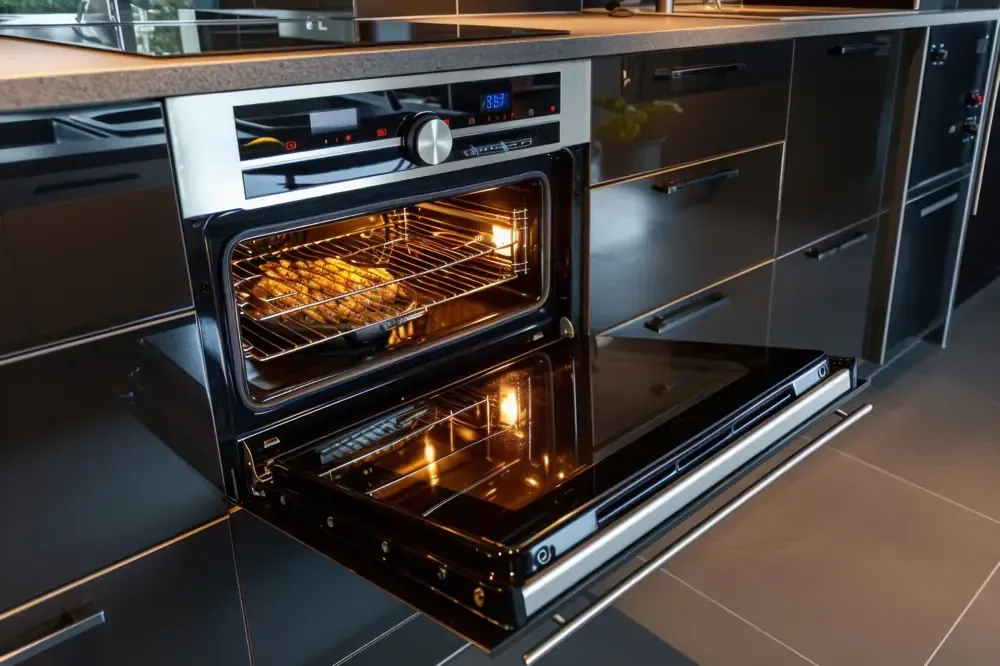 Refrigerador abierto en una cocina lleno de productos frescos, estantes y contenedores.