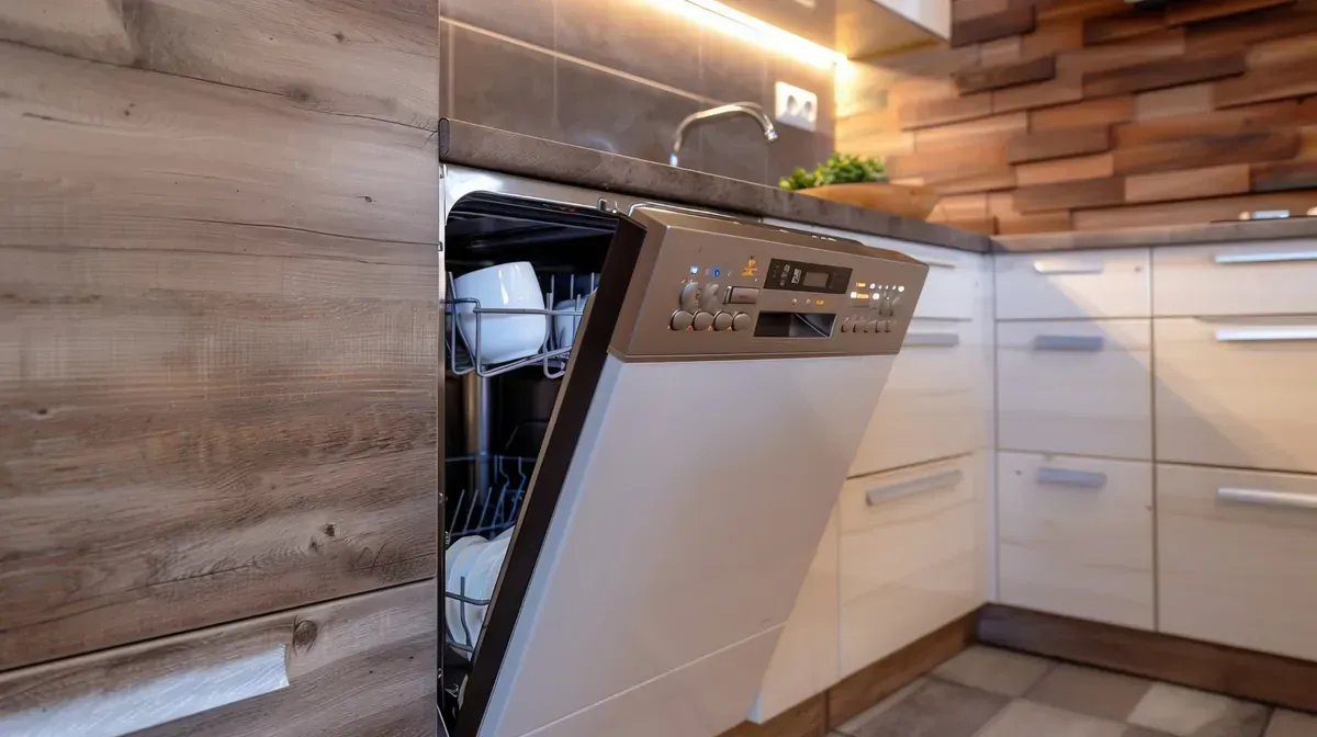 Lavavajillas con puerta abierta; interior con vajilla; muebles blancos y de madera.