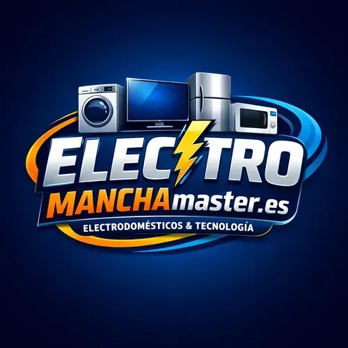 Logotipo de Electro Mancha, con electrodom&eacute;sticos y la direcci&oacute;n de un sitio web. Azul oscuro, naranja y blanco.