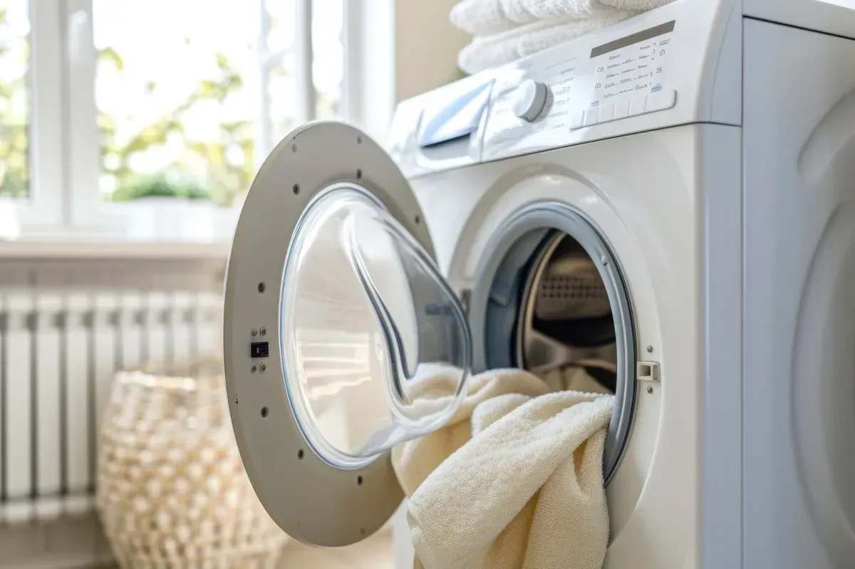 Lavadora con puerta abierta y toalla de color claro en su interior, cerca de una ventana y cesta de mimbre.