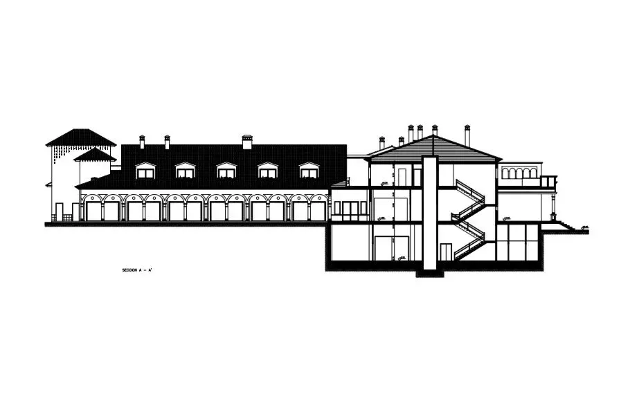 Dibujo arquitectónico en sección transversal de un edificio que muestra varios niveles, escaleras y estructuras de techo en blanco y negro.