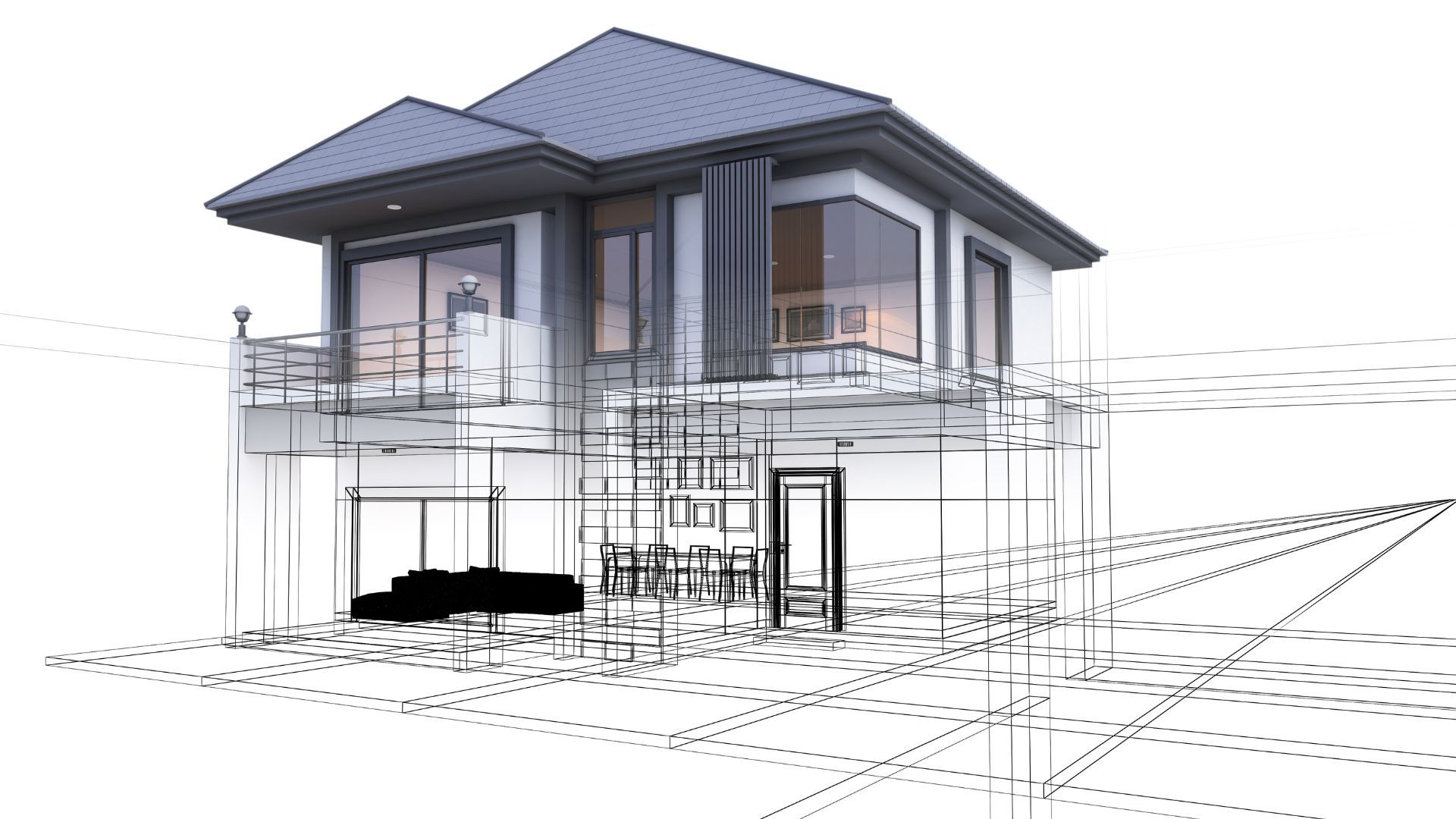 Moderna casa blanca con balcones de cristal, tumbonas en césped verde y vistas a la montaña.