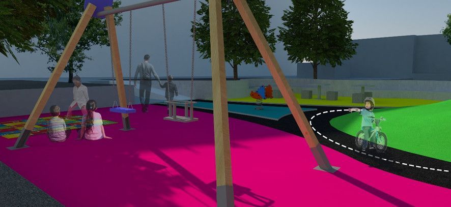 Representación de un parque infantil con columpios sobre una superficie de color rosa vibrante, con una pequeña pista y figuras jugando cerca.