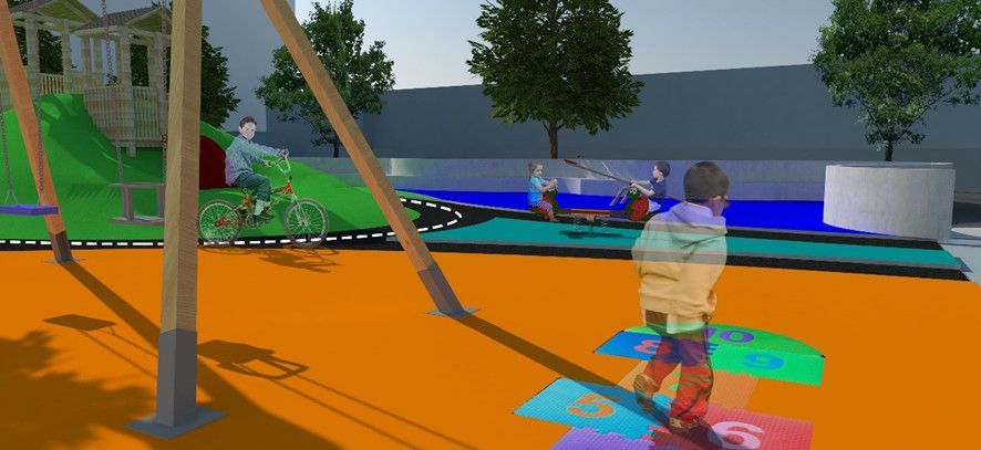 Representación digital de un parque infantil moderno y vibrante que incluye una cancha de rayuela, un carril bici y estructuras de juego.